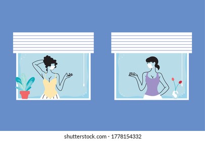 women in apartment window in social distancing vector illustration desing