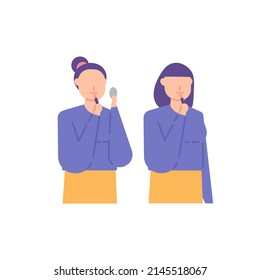 women apply lipstick to their lips and use a mirror to look in the mirror. beautify lips. care and cosmetics. flat cartoon character illustration. vector design