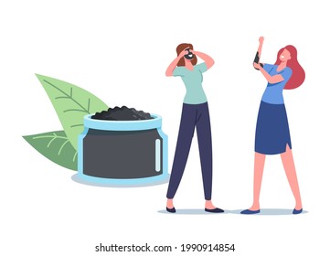Women Applying Natural Mineral Mud or Charcoal Mask. Tiny Female Characters at Huge Cosmetic Jar Apply Moisturizing Spa Baths Hygiene Procedure, Body and Face Care Concept. Cartoon Vector Illustration
