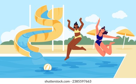 Women in aquapark concept. Young girls in swimsuits near swimming pool with ball and slide. Holiday in vacation in summer. Characters at hot westher. Cartoon flat vector illustration