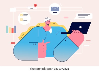 Women architects and online working concept. Young beautiful blonde girl cartoon character wearing architect protective hardhat holding laptop and working online vector illustration 