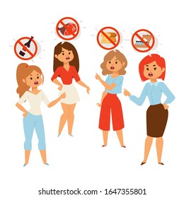 Women arguing about diet food and healthy eating, vector illustration. Discussion of nutrition and unhealthy products people should exclude. Women cartoon characters discussing food restrictions diet