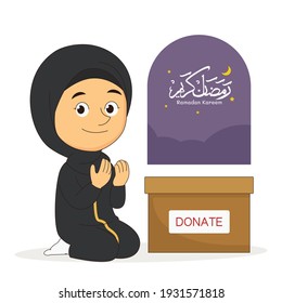 Women asked to donate on eid mubarak with ramadon kareem text in arabic language