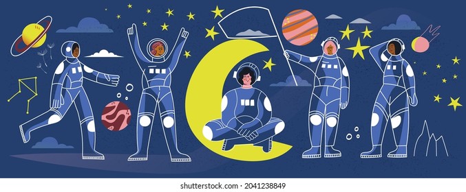 Women astronaut in spacesuit space vector line illustration banner. Female cosmonaut on Moon. Girl spaceman in space costume and helmet with flag. Star galaxy discovery set with characters