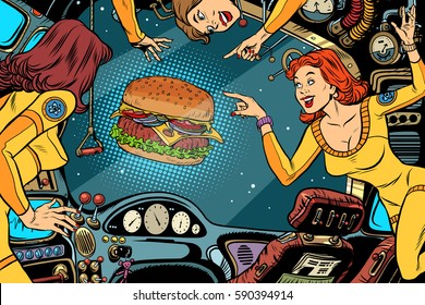 Women astronauts in the cabin of a spaceship and Burger