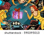 Women astronauts in the cabin of a spaceship and gift box