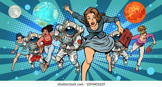 women and astronauts running into the future in space. Pop art retro vector illustration comic cartoon vintage kitsch drawing