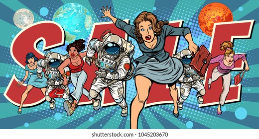 women and astronauts running for sale. Pop art retro vector illustration comic cartoon vintage kitsch drawing