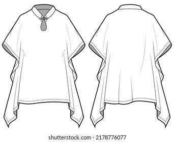 Asymmetrischer chinesischer Froschknopf Kimono Top Blouse, Chinesischer Froschknopf Kaftan Top Front und Back View. Mode Illustration Vektorgrafik, CAD, Technische Zeichnung, Flachzeichnung.