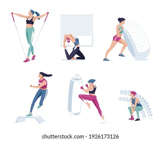 Women athletes doing exercises training at gym set. Sporty people working out lifting dumbbells  weight, jogging on treadmill. Sport, wellness, workout, run, fitness. Flat vector illustration