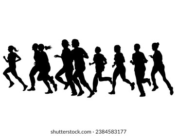 Women athletes on running race on white background