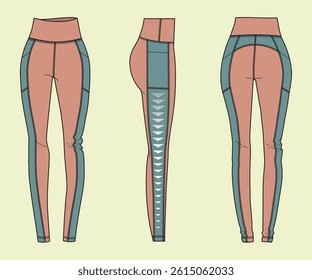 Women athletic leggings technical drawing fashion flat sketch vector illustration template front back and side views outline CAD mockup