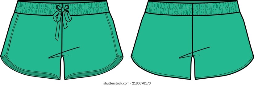 Women Athletic Running Trail Shorts Design Flat Sketch Fashion Illustration For Girls And Ladies, Athletic Shorts Concept With Front And Back View For Tracking Active Wear.