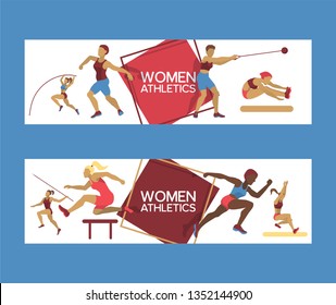Women athletics set of banners vector illustration. Gymnastics training. Exercising female in different poses. Woman figures are training in sport club. Running and jumping.