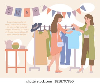 Women attending fashion clothing swap party to update wardrobe. Eco-friendly clothing exchange and reducing consumption, flat cartoon vector illustration