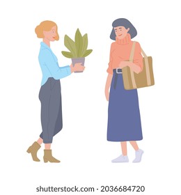 Women attending swap party for reusing things and reducing consumption. Charity eco-friendly exchange, flat cartoon vector illustration isolated white background