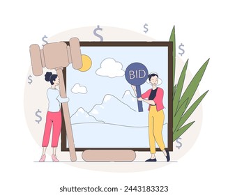 Mujeres con subasta simple. Chicas jóvenes con inscripción de la oferta y martillos. Ofertas y compra de productos de arte. Personas ricas y adineradas con competencia financiera. Doodle ilustración vectorial plana