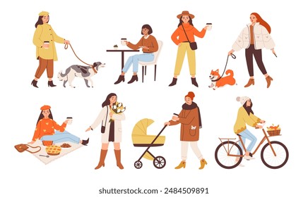 Las mujeres con ropa de otoño pasean a sus perros, montan en bicicleta, caminan con un cochecito y se sientan en un café. Mujeres de moda en ropa de abrigo. Ilustración vectorial plana