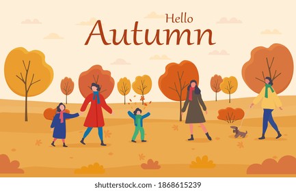 Women in the autumn park with children. Female characters playing with the dog, jumping with fall leaves and raising hands high. Flat cartoon vector illustration