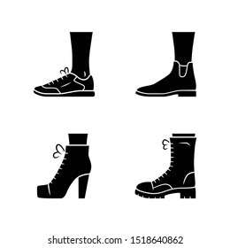 Women autumn shoes glyph icons set. Female formal and casual footwear. Stylish unisex trainers. Spring, winter and fall season ankle boots. Silhouette symbols. Vector isolated illustration