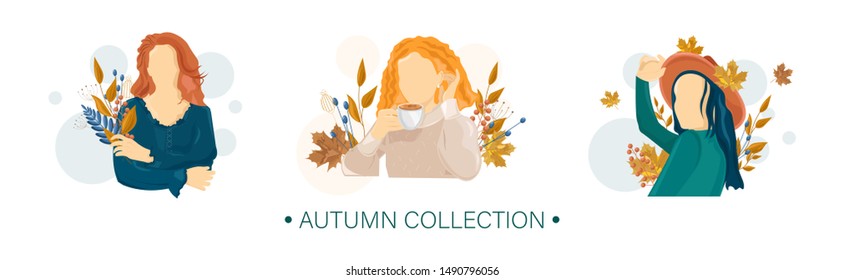 Women autumn Vector flat style characters set. Beauty lifestyle portraits illustration