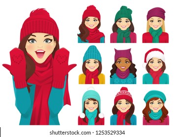 Women in autumn and winter knitted hats with warm scarfs vector illustration isolated