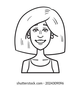 women avatar with bob haircut and earrings. comic, illustration, outline, monochrome.