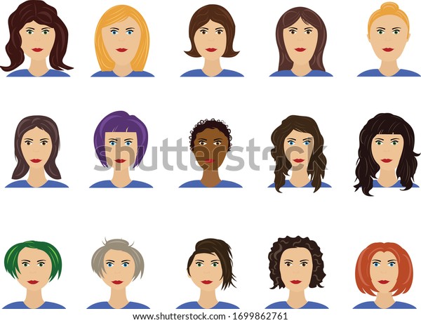 Women Avatar Faces Set With Different Hairstyle And Color