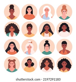 Women avatar set. Women of different age, races, appearance. Multicultural society. Social diversity of people in modern society. Hand drawn vector illustration