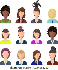 Women avatar set flat vector illustration. Woman profiles silhouette with variety of suits and uniform. Avatar portrait with different hair.