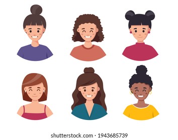 Women avatar set illustration. Set of cute girls with different hairstyles and hair color illustration face avatar collection