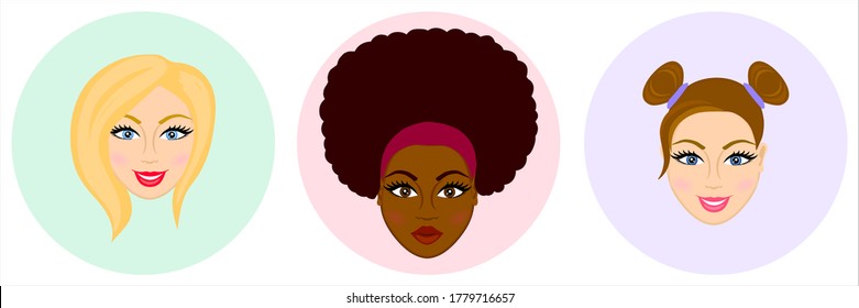 Women avatar set. Lady's haircuts set: short, afro, topknots