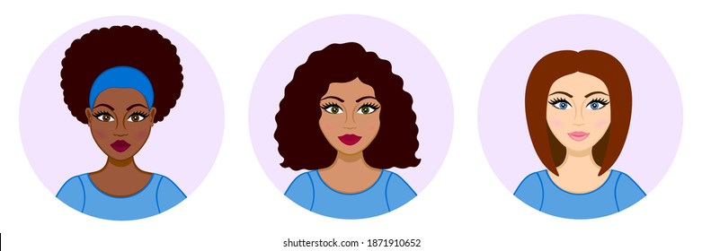 Women avatar set. Lady's haircuts set: short, wavy. Racial diversity: african, hispanic (latina), caucasian. Black girl, white girl. American women