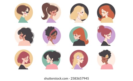 Women avatar set. Profile of woman with different hairstyles and different races. Vector icons