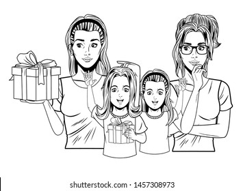 women avatar woman with hand on the chin and glasses and girl with hands up with a gift boxes profile picture cartoon character