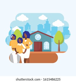 women avatars in front of a house design, Woman girl female person people human and social media theme Vector illustration
