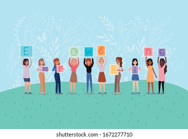 Women avatars holding empowering text banners design of empowerment female power feminist people gender feminism young rights protest and strong theme Vector illustration