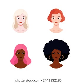 Las mujeres avatares. Ilustración de stock de vector feminista moderna. Mujeres de diferentes etnias y culturas. Concepto de igualdad, día internacional de la mujer, activismo, feminismo. Chicas fuertes y valientes