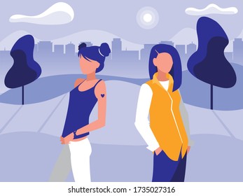 women avatars at park in front of city buildings design, Woman girl female person and people theme Vector illustration