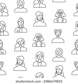 Women avatars. Seamless pattern. Coloring Page. Portrait of casual female with different hairstyles and outfits. User profiles. Hand drawn style. Vector drawing. Design ornaments.