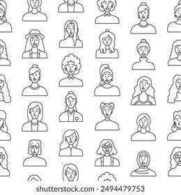 Women avatars. Seamless pattern. Coloring Page. Portrait of casual female with different hairstyles and outfits. User profiles. Hand drawn style. Vector drawing. Design ornaments.