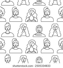 Women avatars. Seamless pattern. Coloring Page. Portrait of casual female with different hairstyles and outfits. User profiles. Hand drawn style. Vector drawing. Design ornaments.