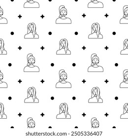 Women avatars. Seamless pattern. Coloring Page. Portrait of casual female with different hairstyles and outfits. User profiles. Hand drawn style. Vector drawing. Design ornaments.