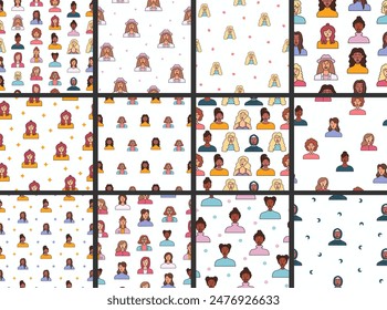 Women avatars. Seamless pattern. Portrait of casual female with different hairstyles and outfits. User profiles. Hand drawn style. Vector drawing. Collection of design ornaments.