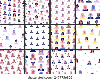 Women avatars. Seamless pattern. Portrait of casual female with different hairstyles and outfits. User profiles. Hand drawn style. Vector drawing. Collection of design ornaments.
