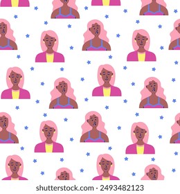 Women avatars. Seamless pattern. Portrait of casual female with different hairstyles and outfits. User profiles. Hand drawn style. Vector drawing. Design ornaments.
