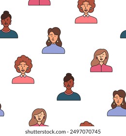 Women avatars. Seamless pattern. Portrait of casual female with different hairstyles and outfits. User profiles. Hand drawn style. Vector drawing. Design ornaments.