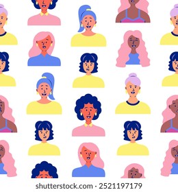 Women avatars. Seamless pattern. Portrait of casual female with different hairstyles and outfits. User profiles. Hand drawn style. Vector drawing. Design ornaments.