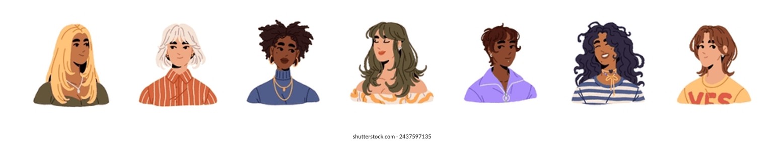 Women avatars set. People with different female hairstyles: bob haircut, with bangs, wavy, curly, straight, short hairs. Happy girls portraits. Flat isolated vector illustration on white background.