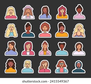 Women avatars. Sticker Bookmark. Portrait of casual female with different hairstyles and outfits. User profiles. Hand drawn style. Vector drawing. Collection of design elements.